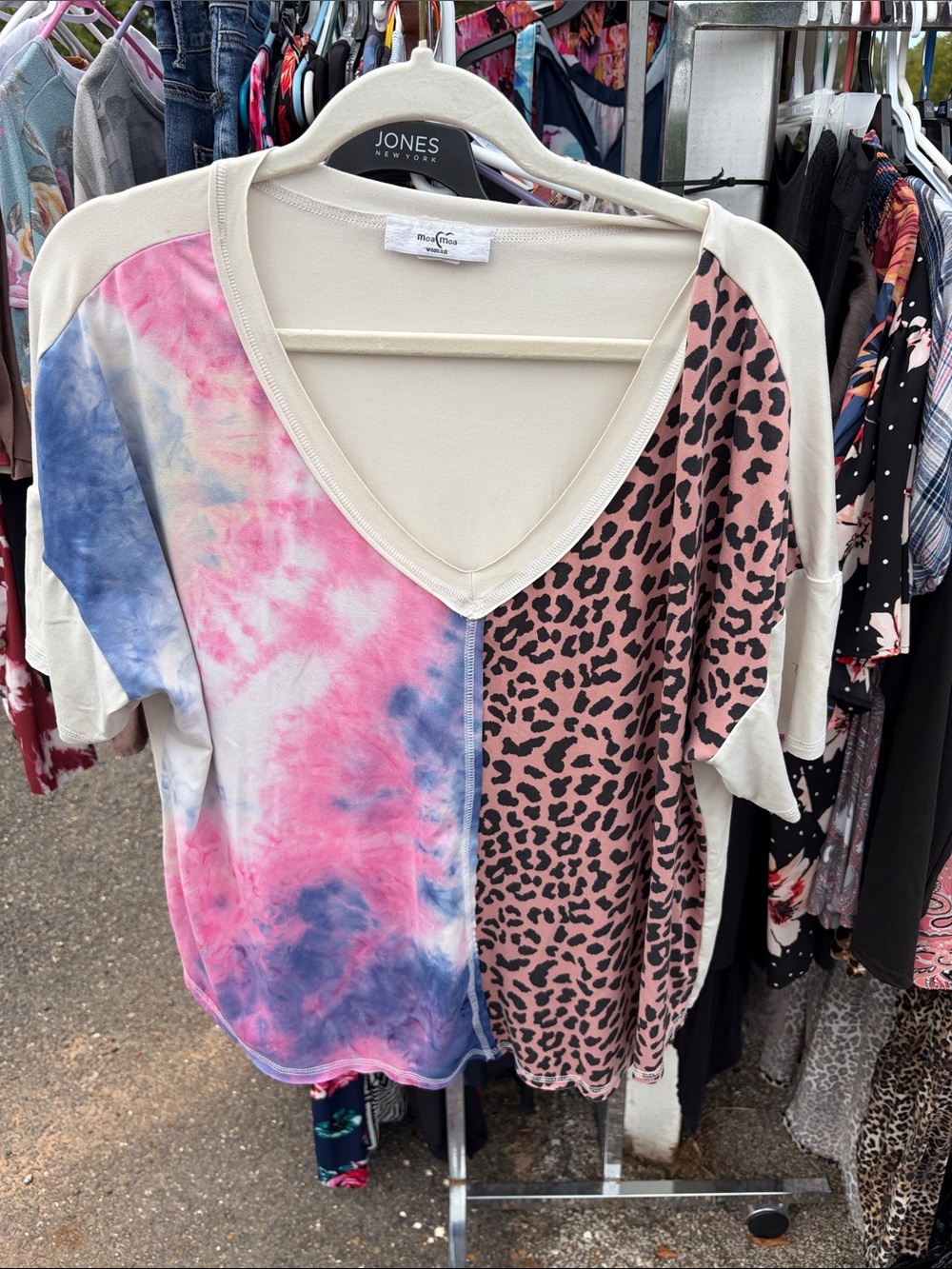 Moa Moa Pink & Blue Tie-Dye with Pink Leopard V-Neck Top